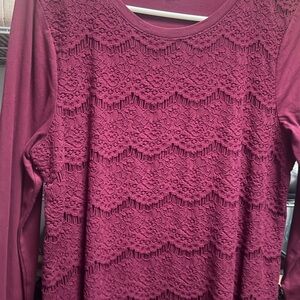 J. Crew Maroon cotton and Lace Long Sleeve Top